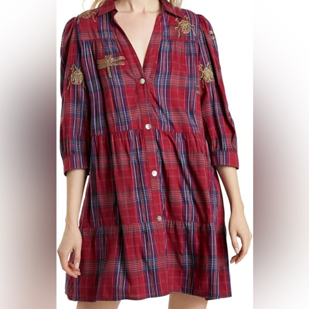 DESIGUAL Red Plaid Button-Up TIERED Dress with GOLD Embroidered INSECTS SIZE XL